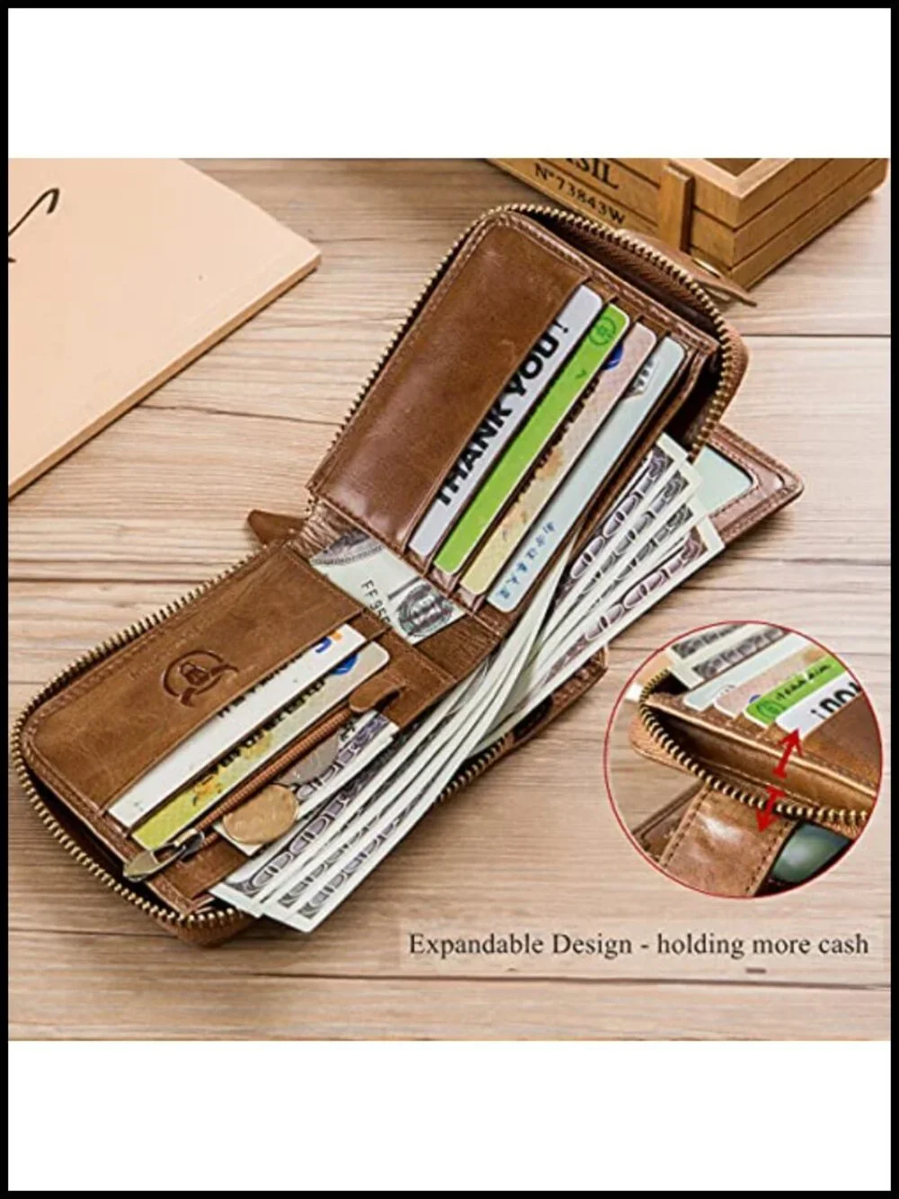 Genuine Leather Bifold Wallet with RFID Blocking, Zipper Coin Pocket